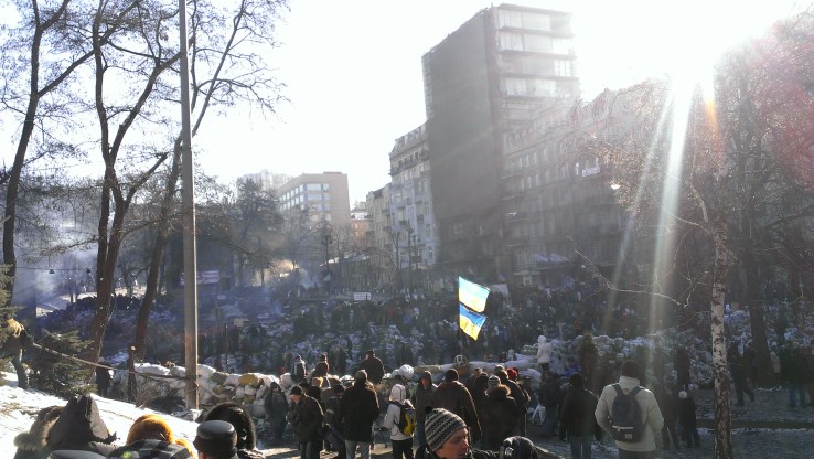 The barricades on Hrushevsky Street, the site of one of the worst battles of the Maidan (as of February 1, 2014). The black clusters in the distance on the far left, are Berkut behind their shields.