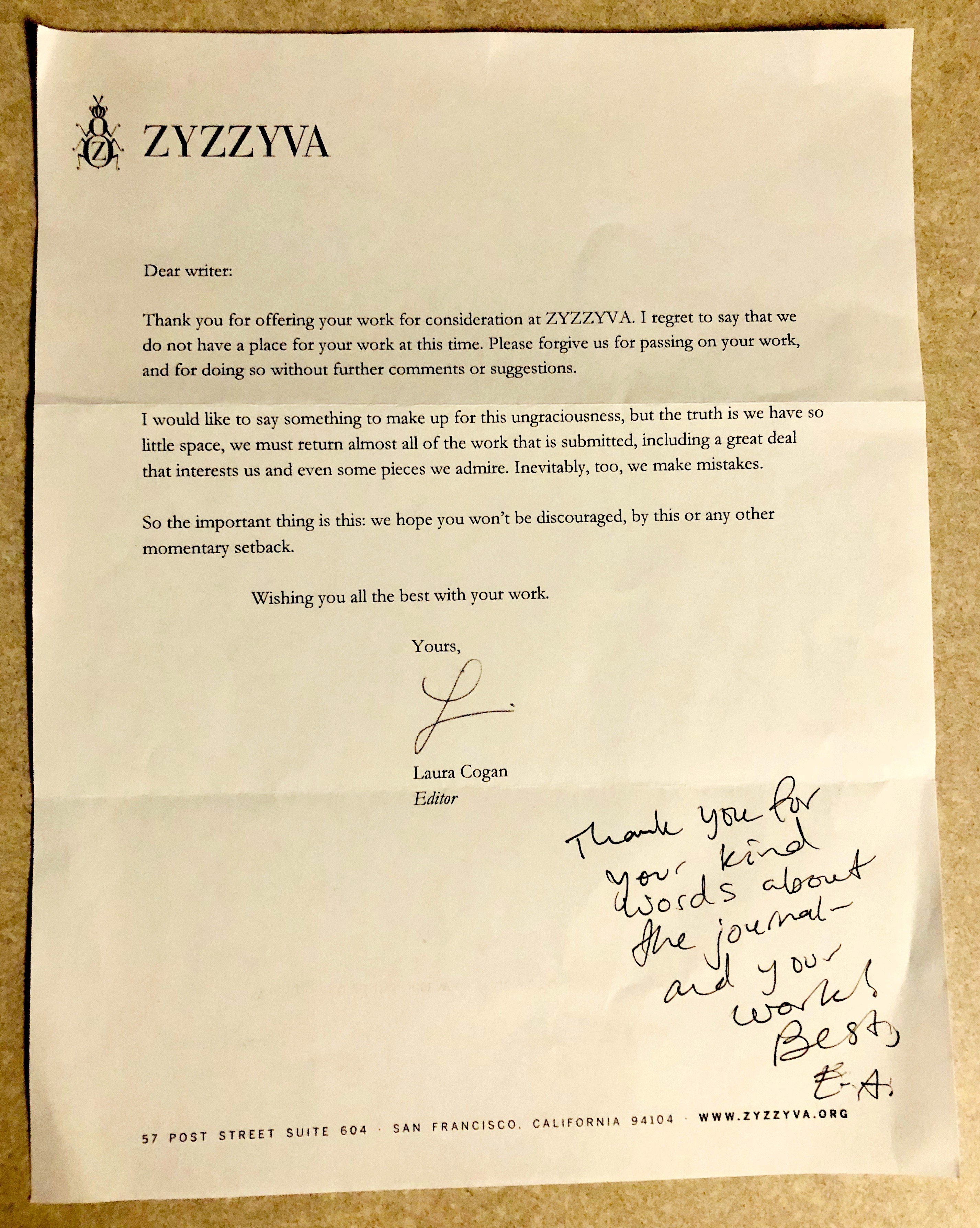 2018-07-06 ZYZZYVA rejection