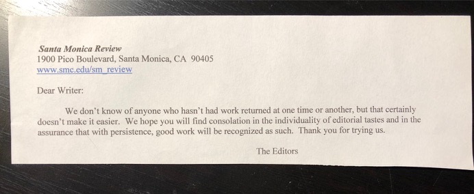 Mailed rejection from Santa Monica Review, Fall 2018