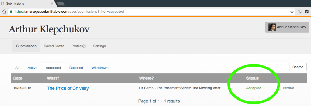 A screenshot of Submittable with my first acceptance—Lit Camp Basemenet Series reading of "The Price of Chivalry"—October 2016