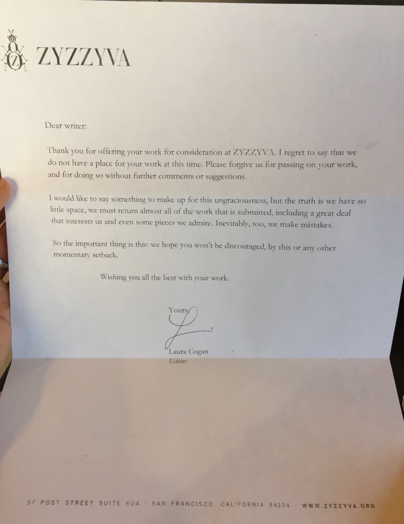 Mailed rejection from ZYZZYVA, Fall 2017