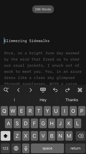 Screenshot of "Glimmering Sidewalks" in iA Writer